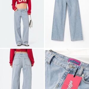 Edikted Petite Raelynn Low Rise Baggy Jeans Light Wash NWT Size L